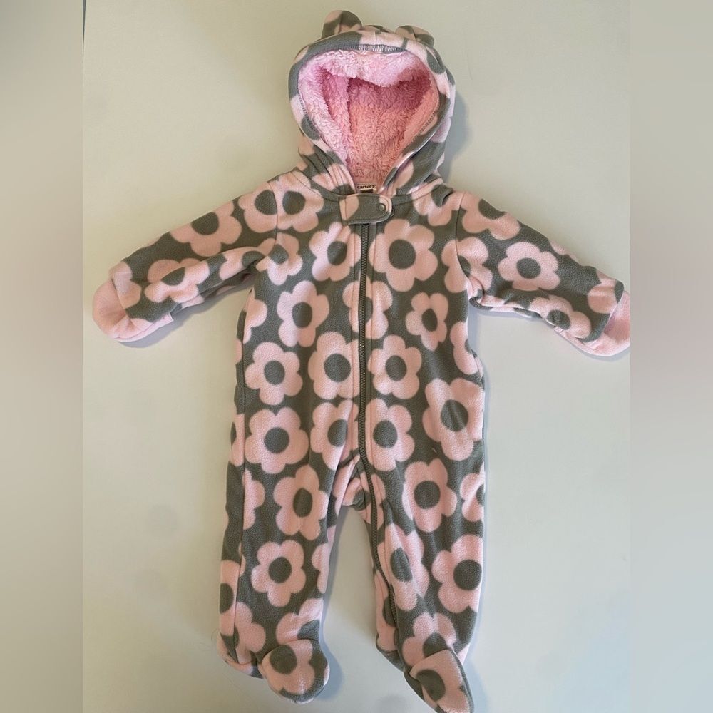 Pink and Gray Fleece Floral Baby Hooded Jumpsuit 3Months